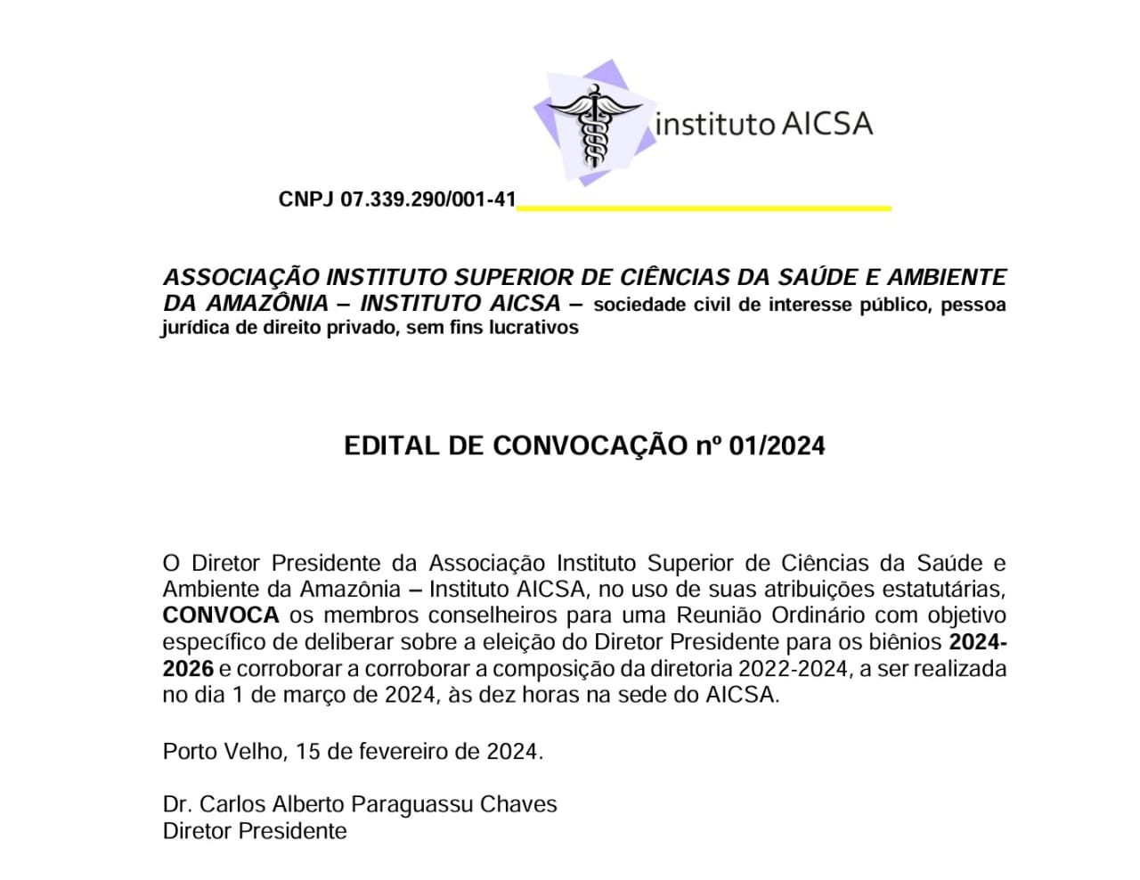 Edital de Convocação nº 01/2024: INSTITUTO AICSA - News Rondônia
