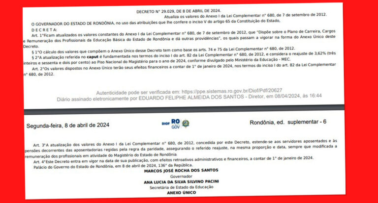 DIOF: Edição suplementar tem decreto que reajusta o piso do Magistério em Rondônia - News Rondônia