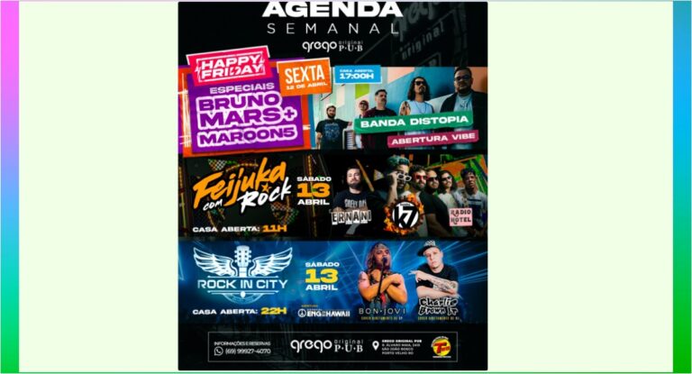 Agenda News: Programação exclusiva no Grego Original Pub com Happy Friday, Feijuka com Rock e Especial Rock In City - News Rondônia