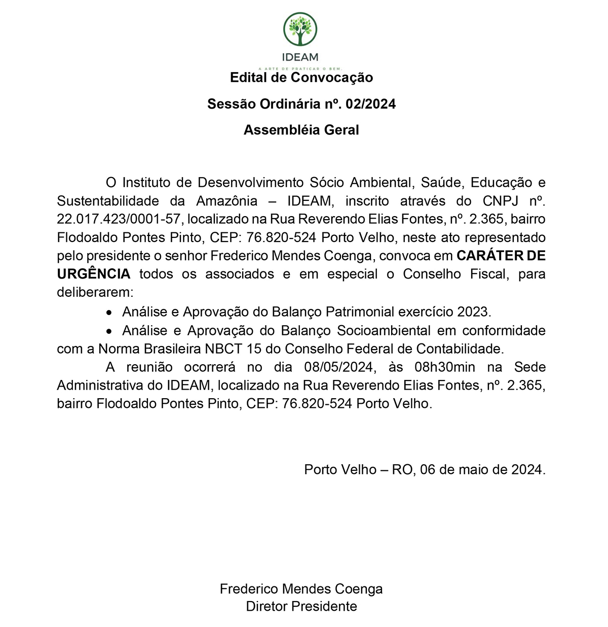 Edital de Convocação- AGO - Sessão Ordinária 02/2024 - IDEAM - News Rondônia