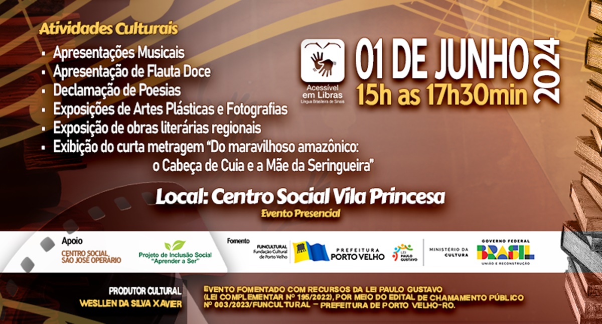 PROJETO CULTURAL: "Sarau Arte e Vida" acontece neste sábado no Centro Social da Vila Princesa