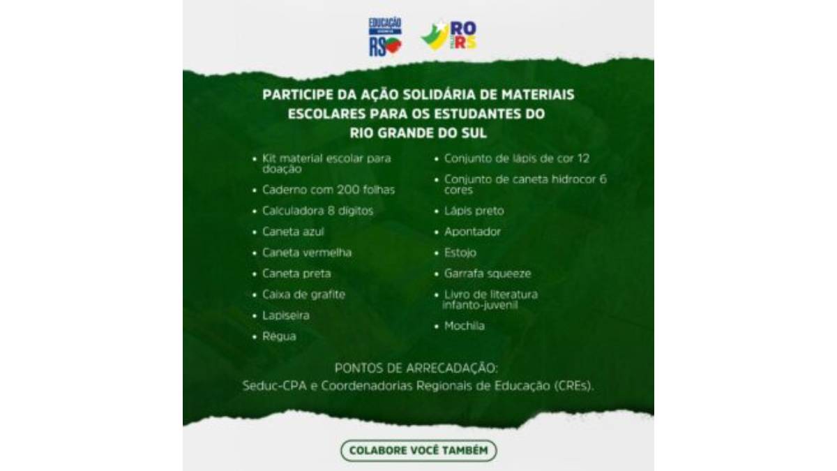 Governo de RO se une à campanha nacional de arrecadação de materiais escolares para o Rio Grande do Sul