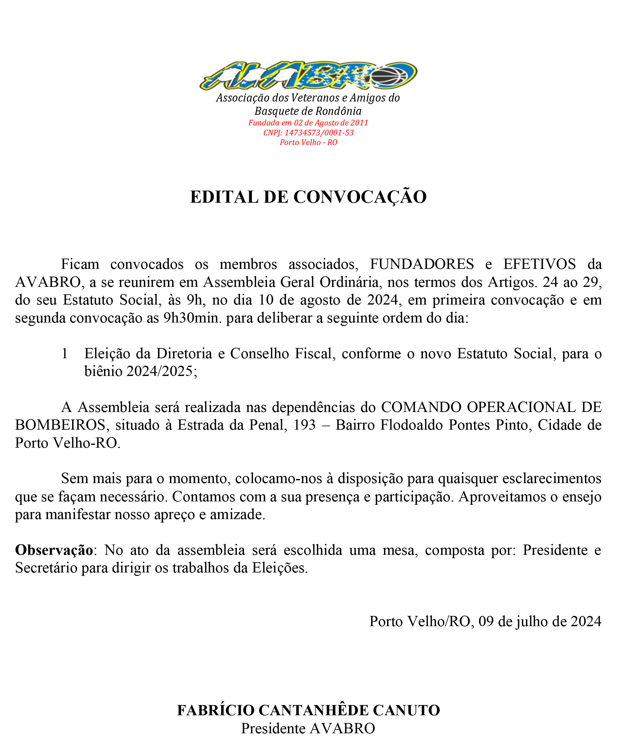 EDITAL DE CONVOCAÇÃO - AGO: AVABRO - News Rondônia
