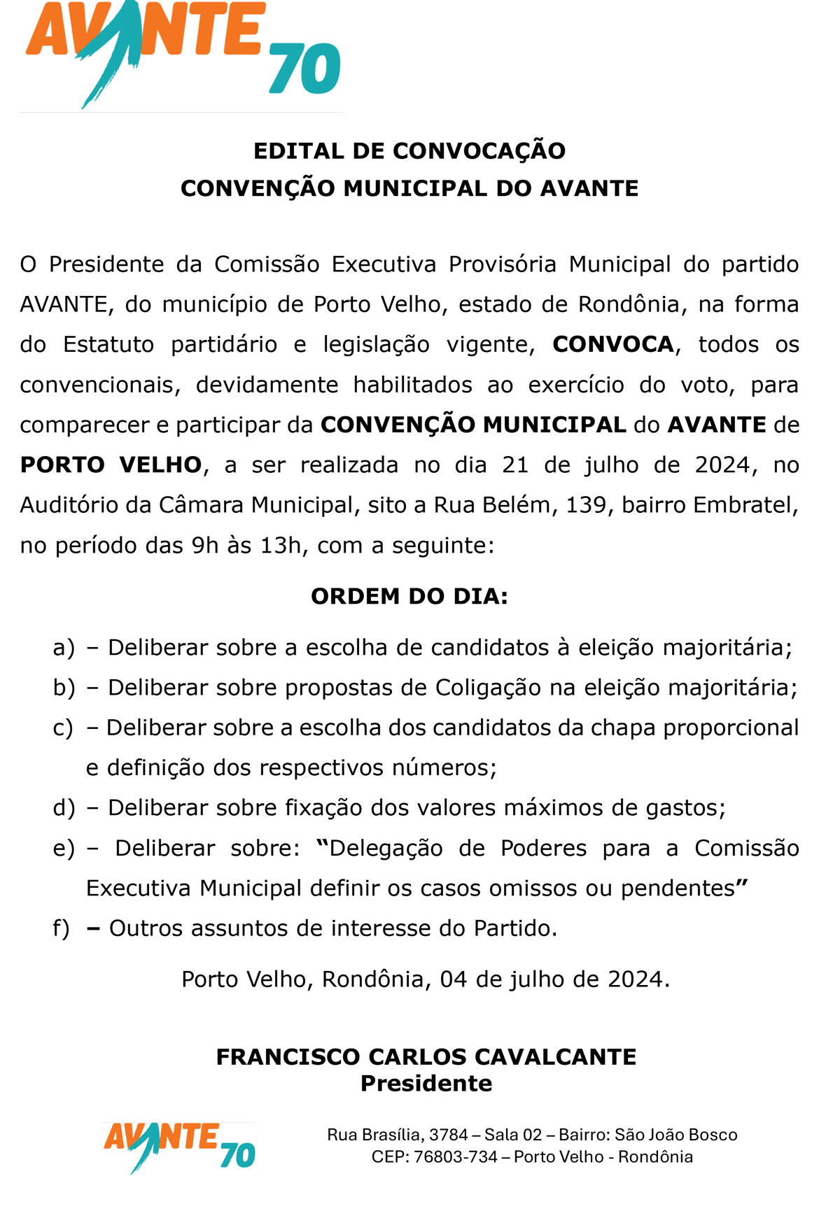 EDITAL DE CONVOCAÇÃO: CONVENÇÃO MUNICIPAL DO AVANTE - News Rondônia