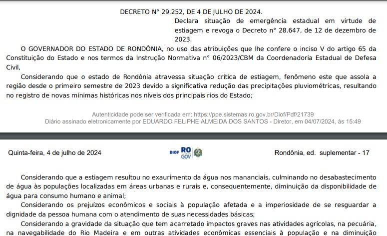 Decreto de situação de emergência em Rondônia, por causa da estiagem, é publicado no DIOF - News Rondônia