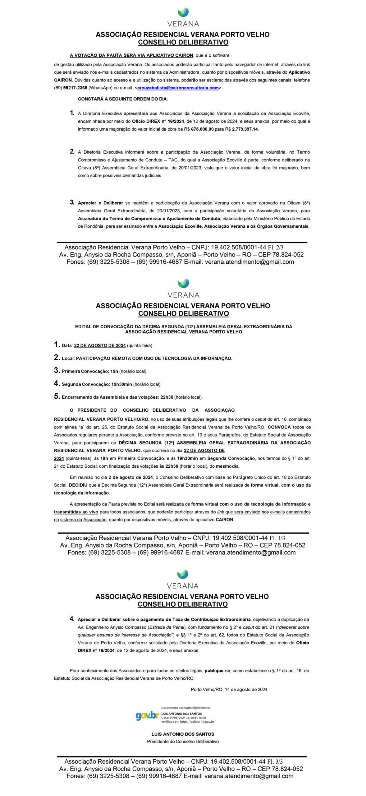 EDITAL DE CONVOCAÇÃO DA DÉCIMA SEGUNDA (12ª) ASSEMBLEIA GERAL EXTRAORDINÁRIA DA ASSOCIAÇÃO RESIDENCIAL VERANA PORTO VELHO - News Rondônia