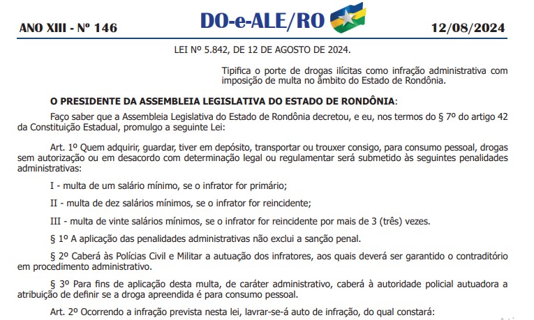 ALE-RO publica lei que especifica porte de drogas como infração administrativa e impõe multa - News Rondônia