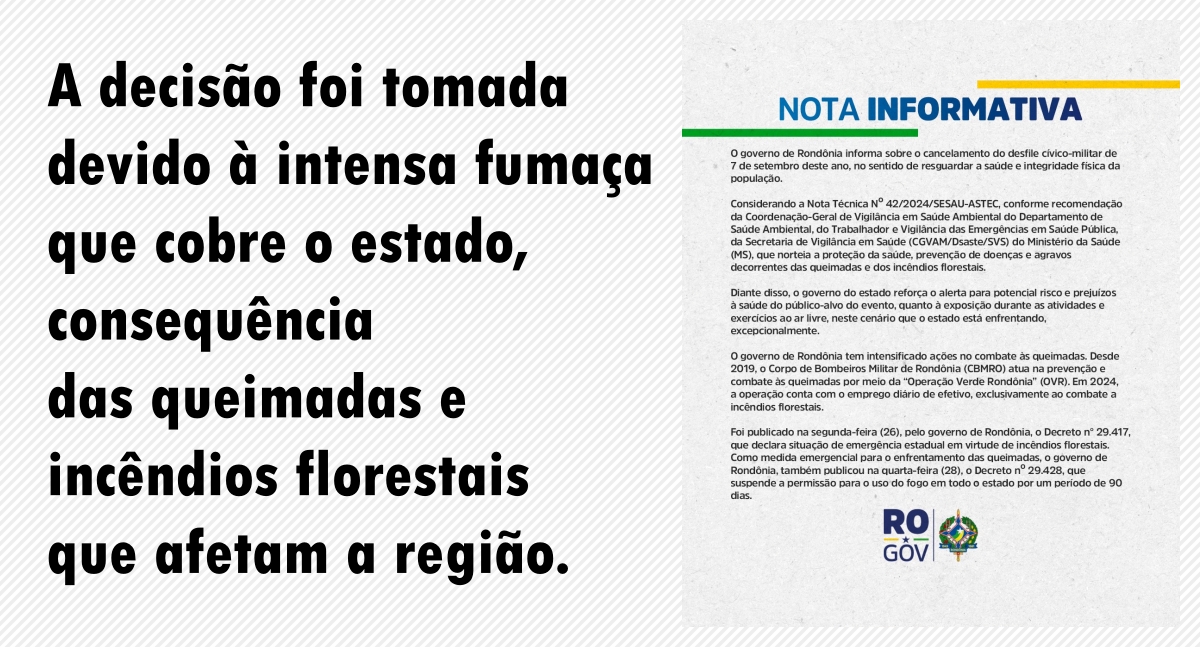 Governo de Rondônia cancela desfile Cívico-Militar de 7 de Setembro devido fumaça gerada pelas queimadas - News Rondônia