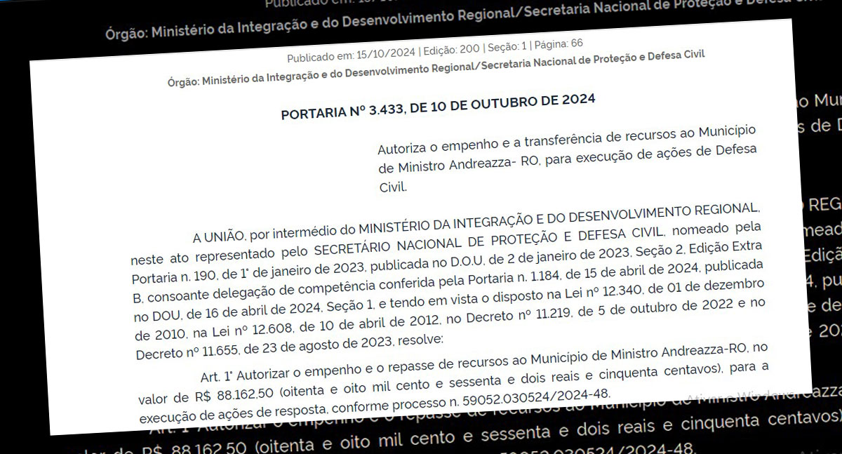 Ministério autoriza repasse para Ministro Andreazza por conta de situação de emergência - News Rondônia