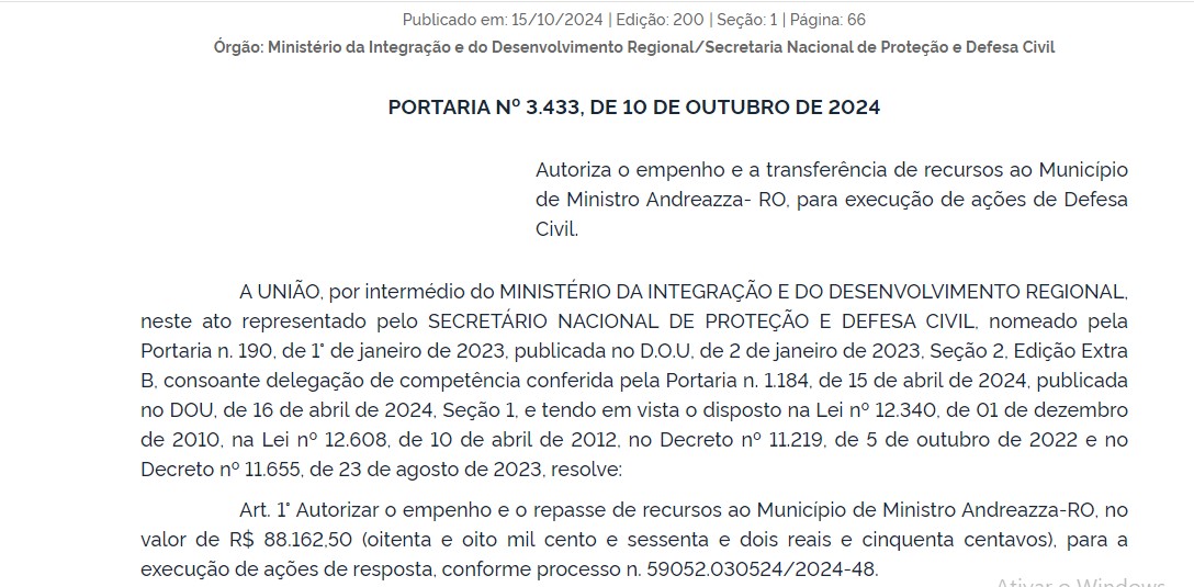 Ministério autoriza repasse para Ministro Andreazza por conta de situação de emergência - News Rondônia