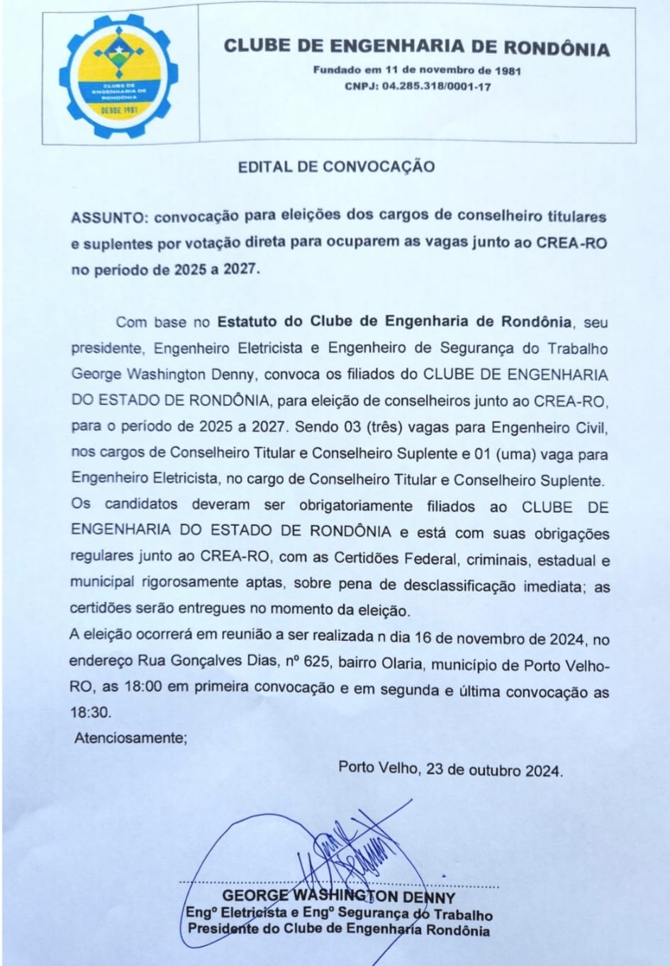 EDITAL DE CONVOCAÇÃO: Clube de Engenharia de Rondônia - News Rondônia