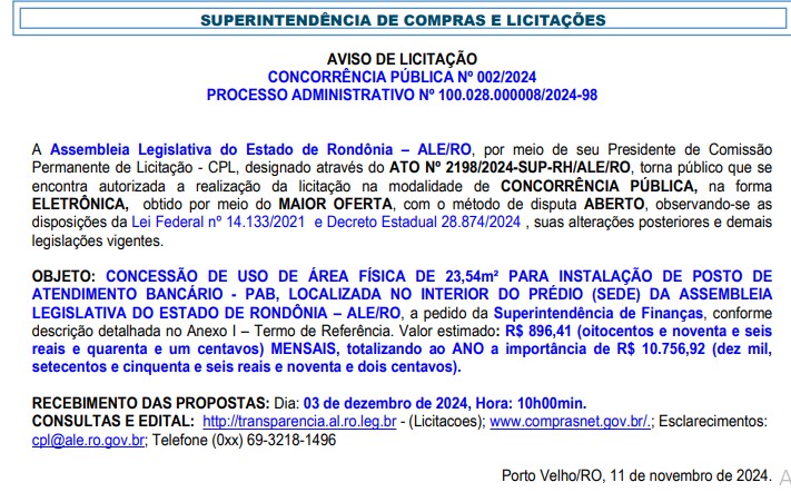 Assembleia Legislativa de Rondônia quer agência bancária exclusiva em sua sede e lança licitação para concorrência - News Rondônia