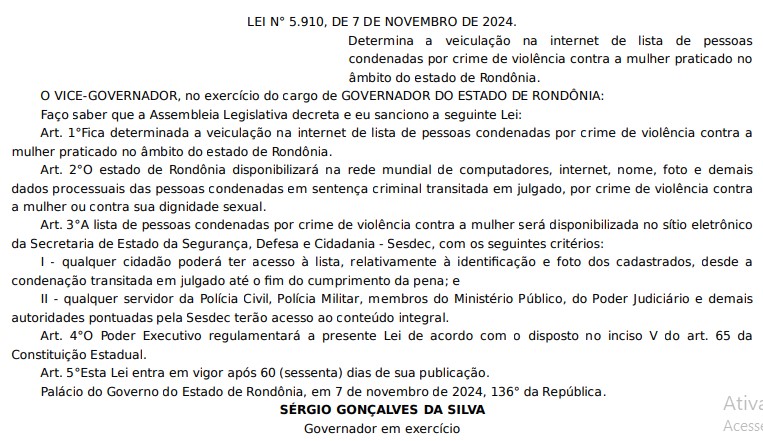 Lei autoriza Rondônia publicar lista de condenados por violência contra a Mulher na Internet - News Rondônia