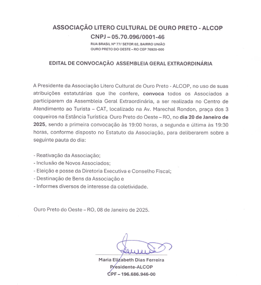 Edital de Convocação AGE: Associação Litero Cultural de Ouro Preto - ALCOP - News Rondônia