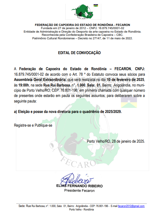 Edital de Convocação AGE: Federação de Capoeira do Estado de Rondônia – FECARON - News Rondônia