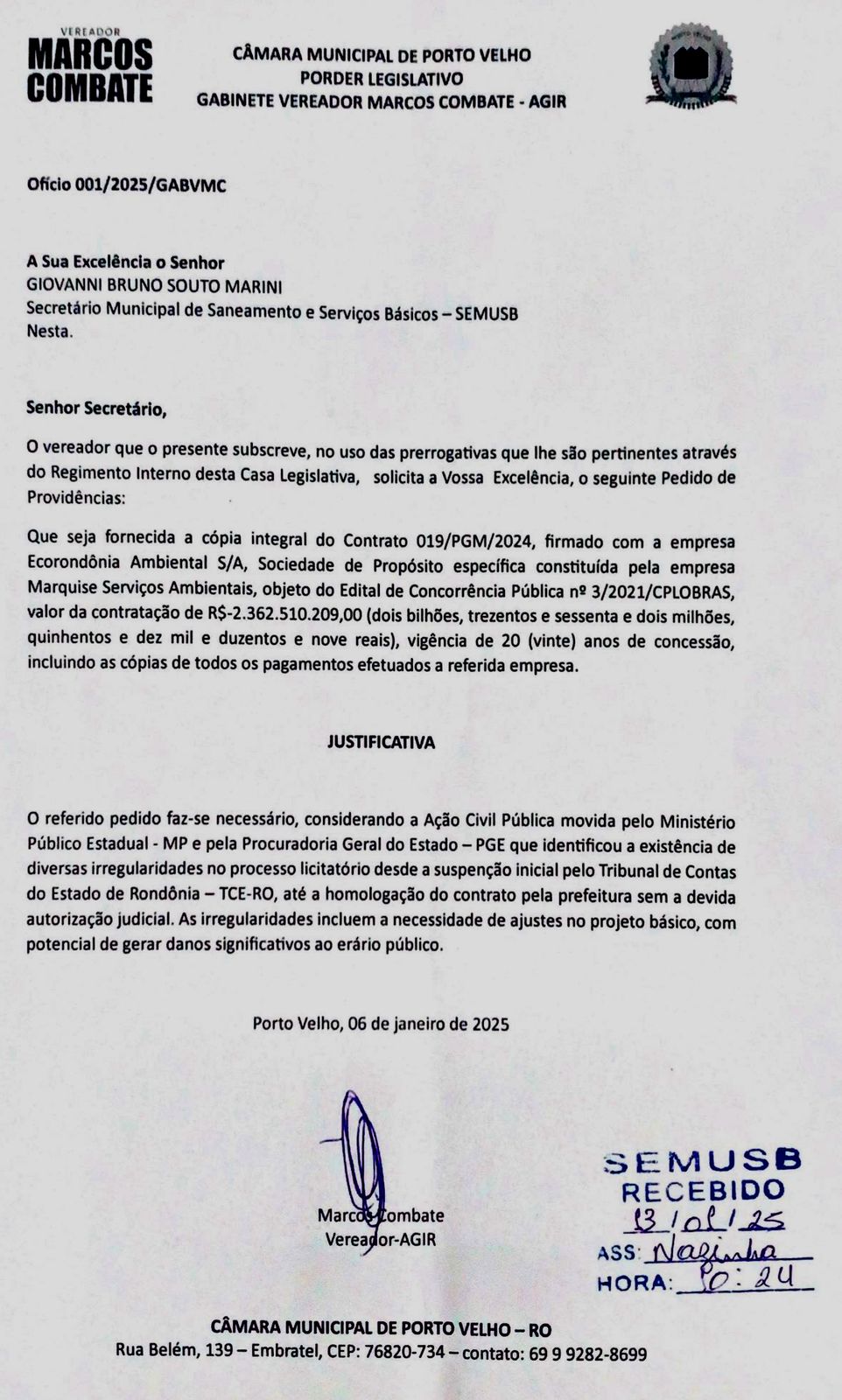 Vereador Marcos Combate requer esclarecimentos sobre contrato bilionário com a ECO RONDÔNIA/MARQUISE - News Rondônia