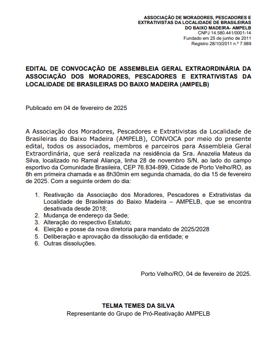 Edital de Convocação de A G E: Associação dos Moradores, Pescadores e Extrativistas da Localidade de Brasileiras do Baixo Madeira (AMPELB) - News Rondônia