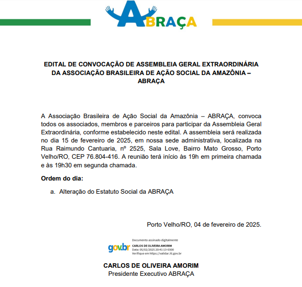 Edital de Convocação - AGE: Associação Brasileira de Ação Social da Amazônia - ABRAÇA - News Rondônia