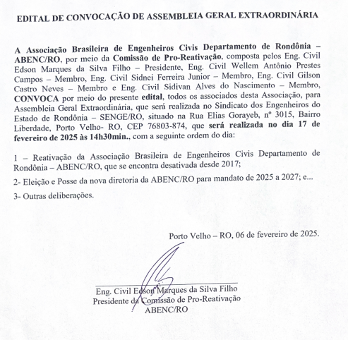 Edital de Convocação - AGE: ABENC/RO - News Rondônia
