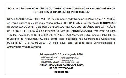 Requerimento de Renovação de Outorga: NISSEY MAQUINAS AGRICOLAS LTDA - News Rondônia