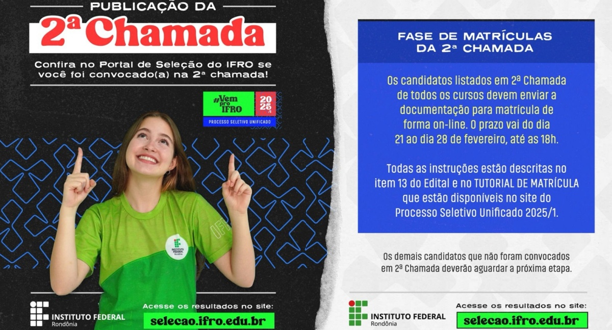 Prazo para primeira etapa de matrícula na 2ª Chamada do PSU/IFRO é até 28 de fevereiro