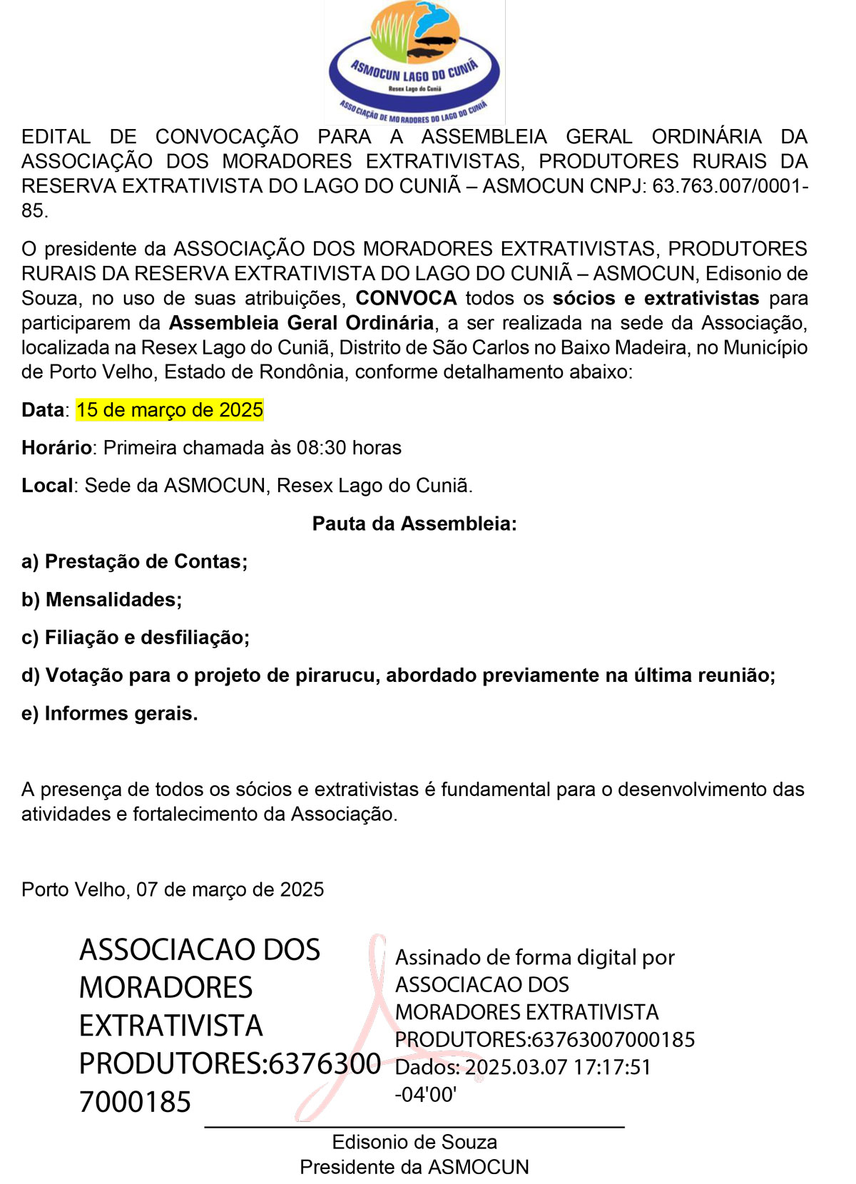 Edital de Convocação para Assembleia Geral Ordinária da ASMOCUN - News Rondônia