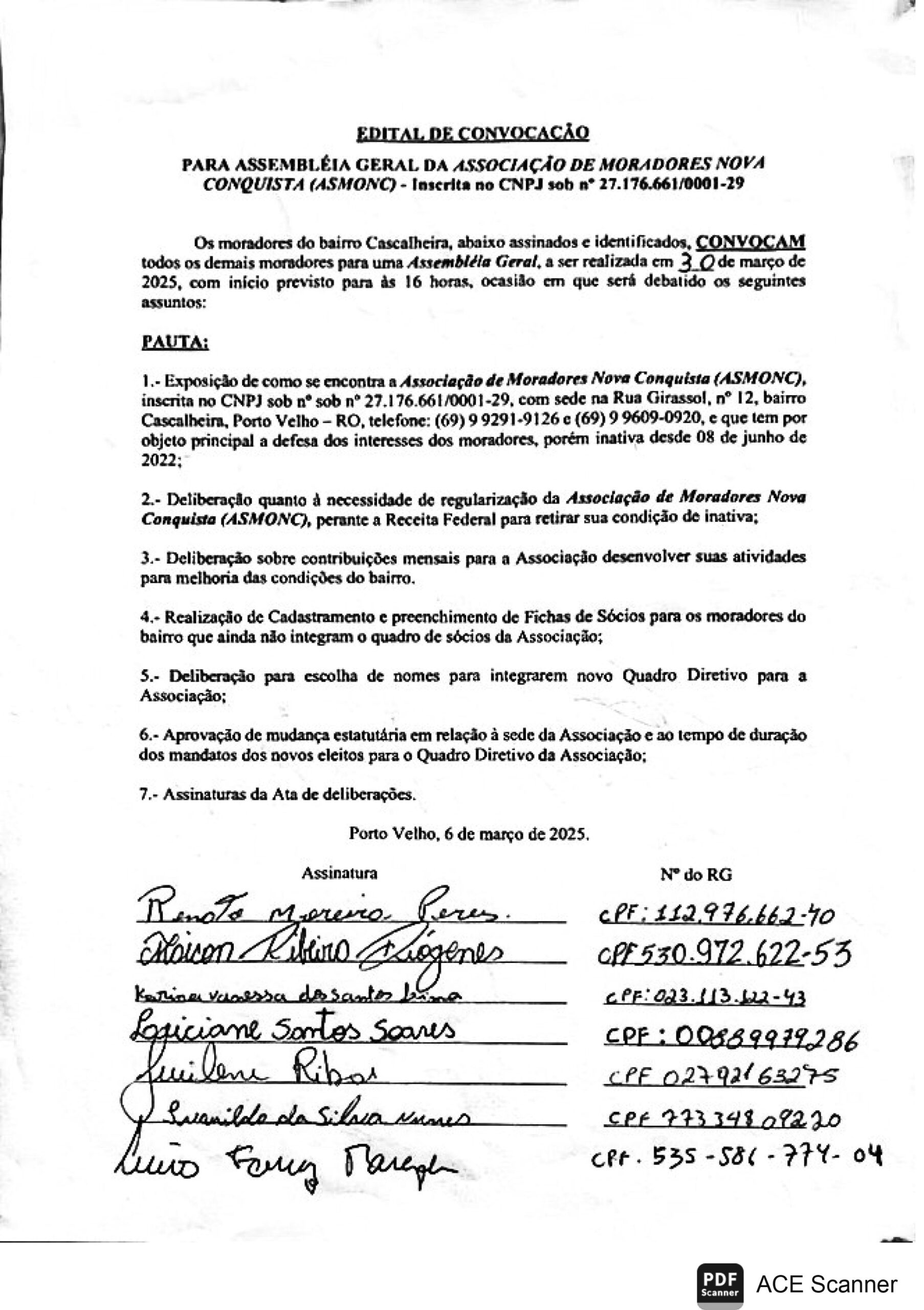 Edital de Convocação - Assembléia Geral: Associação de Moradores Nova Conquista (ASMONC) - News Rondônia
