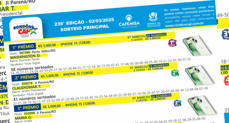 RondônCap realizou mais um sorteio especial no dia 02 de março! - News Rondônia