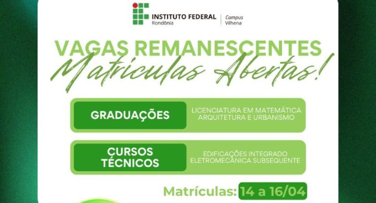 IFRO Vilhena abre matrícula para vagas restantes em cursos técnicos e superiores