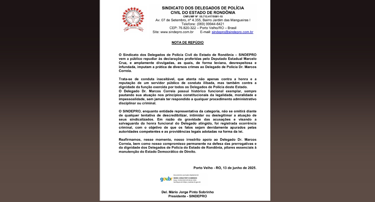 Sindepro repudia declarações de deputado contra Delegado Marcos Correia