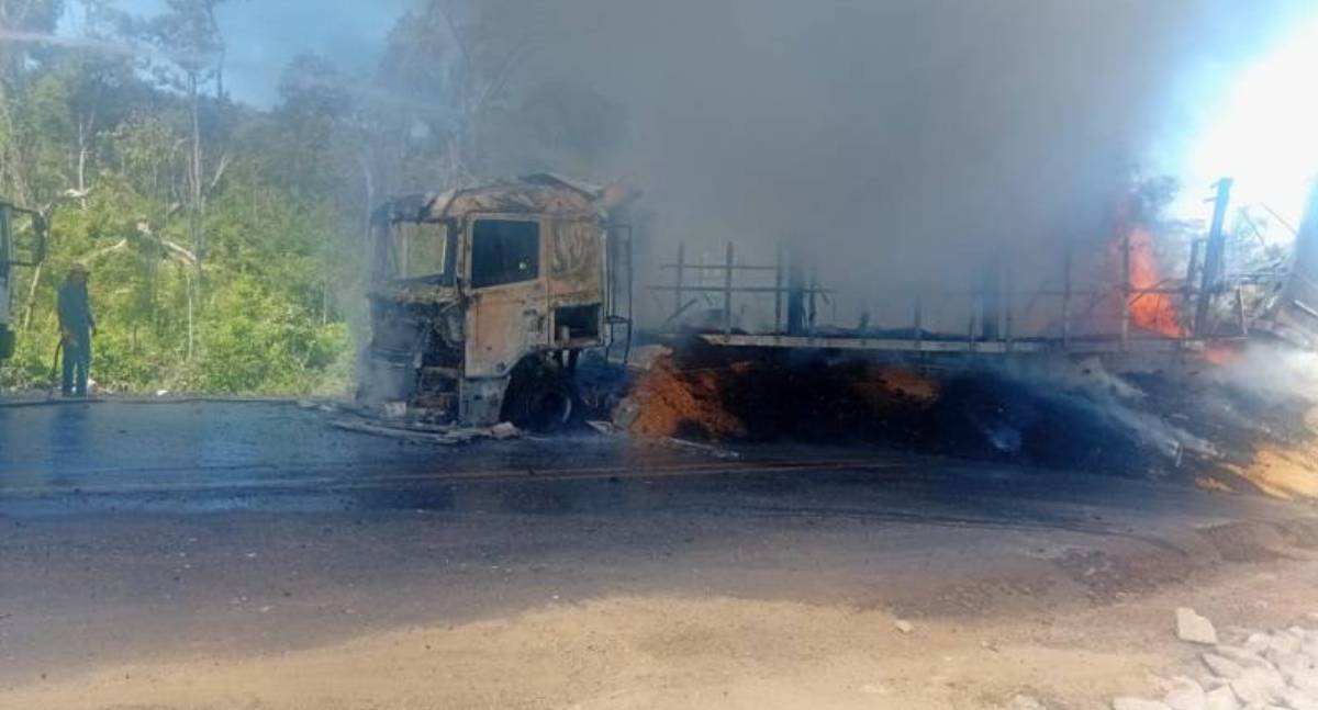 Carreta viria para RO com soja pega fogo na BR-174 e interdita rodovia