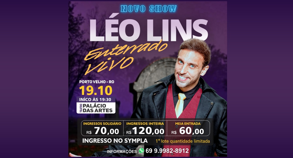 Léo Lins traz show "Enterrado Vivo" a Porto Velho em outubro; ingressos já estão à venda