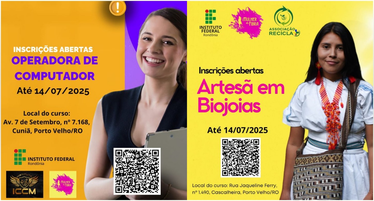 Mulher de Fibra/IFRO abre inscrições para cursos gratuitos de Operadora de Computador e Artesã em Biojoias em Porto Velho