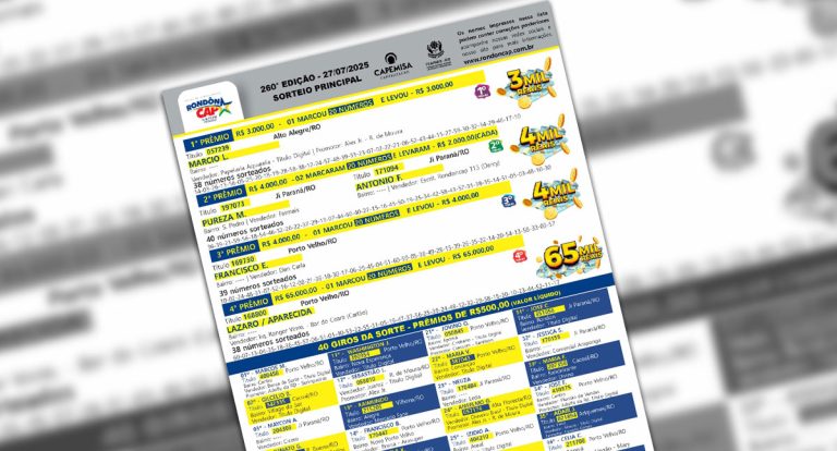 RondônCAP sorteou R$ 65 mil no quarto prêmio neste domingo, 27 de julho - News Rondônia
