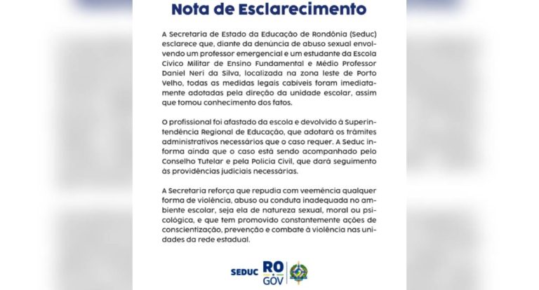 Seduc afasta Professor de Escola Militar acusado de abuso em Porto Velho