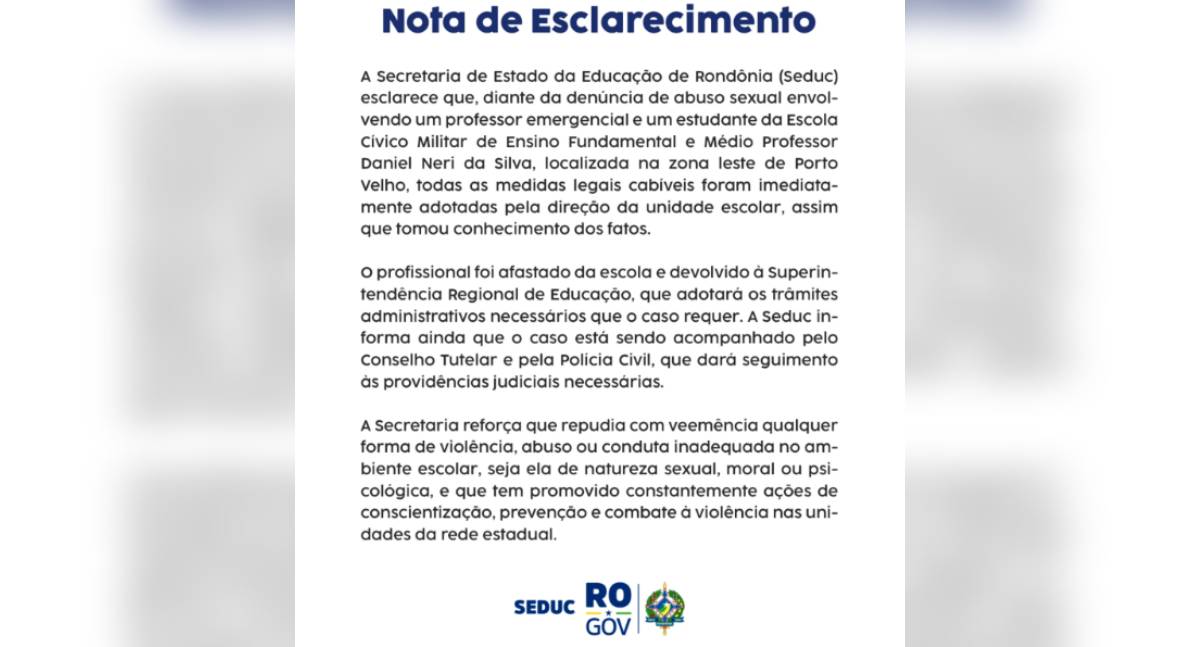 Seduc afasta Professor de Escola Militar acusado de abuso em Porto Velho