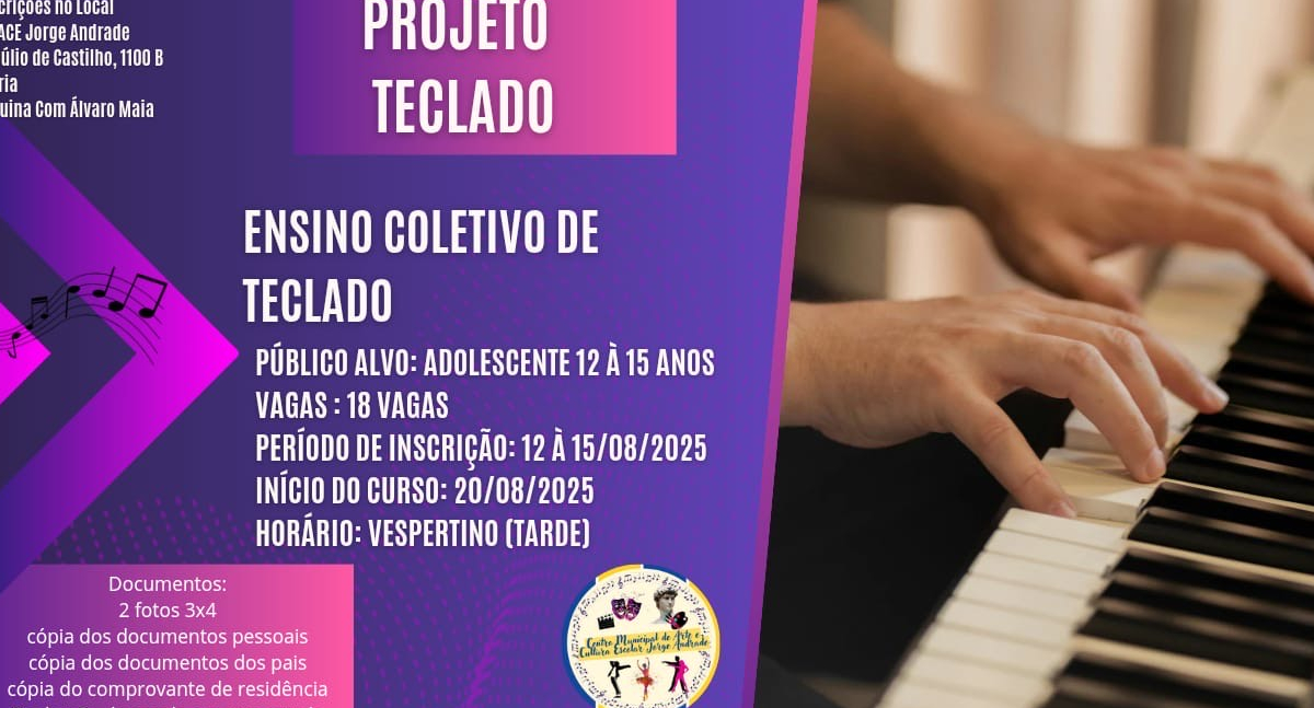 Centro Jorge Andrade abre inscrições para Projeto de Teclado em Grupo para adolescentes de 12 a 15 anos