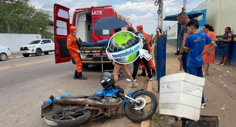 Motociclista se fere ao colidir com lixeira após acidente em Porto Velho