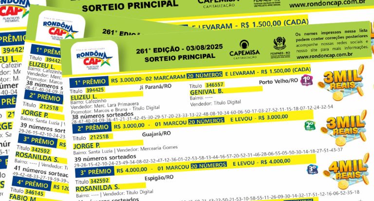 Resultado do RondonCAP: Sorteio deste domingo, 03 de agosto, já tem ganhadores - News Rondônia