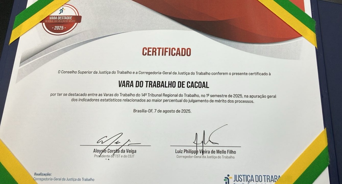 Vara do Trabalho de Cacoal é premiada por solução de mérito