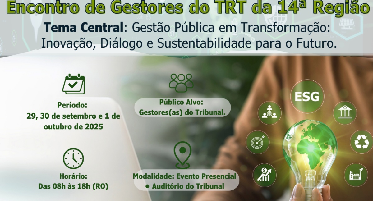 Encontro de Gestores do TRT-14 terá foco em inovação e sustentabilidade