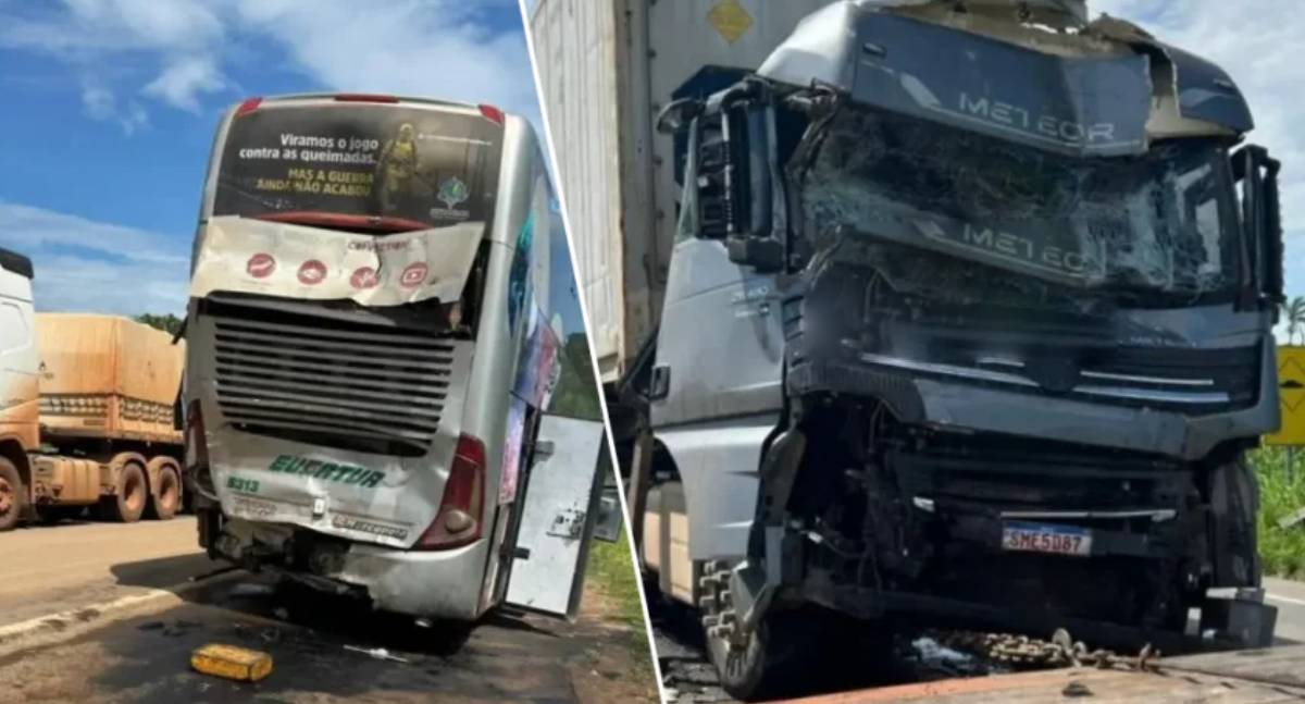 Carreta atinge ônibus da Eucatur e causa destruição na BR-364
