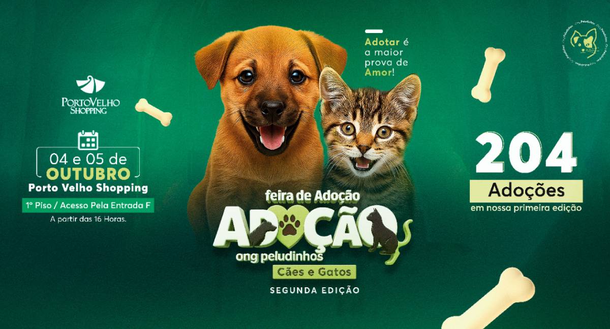 Feira de Adoção da ONG Peludinhos retorna ao Porto Velho Shopping com cães e gatos disponíveis