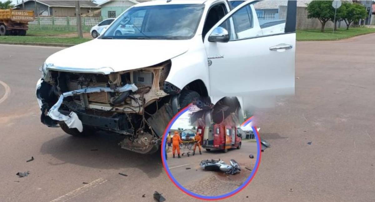 Casal de moto é socorrido após colisão com caminhonete em RO