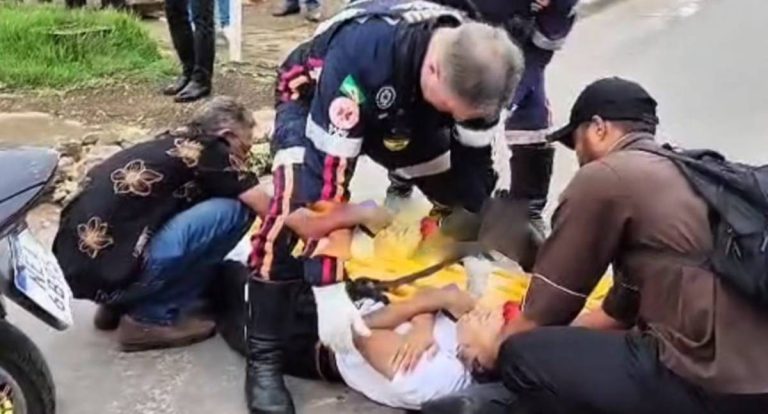 Motociclista fratura a perna em acidente na rotatória da Marechal Rondon