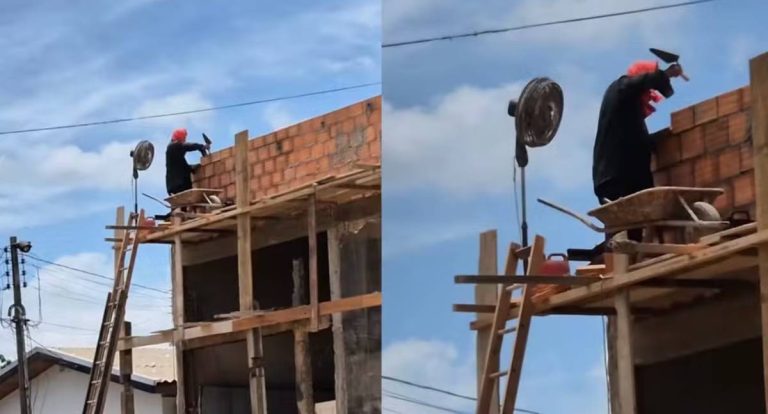 Pedreiro viraliza em vídeo ao improvisar ventilador em andaime no meio da rua em RO