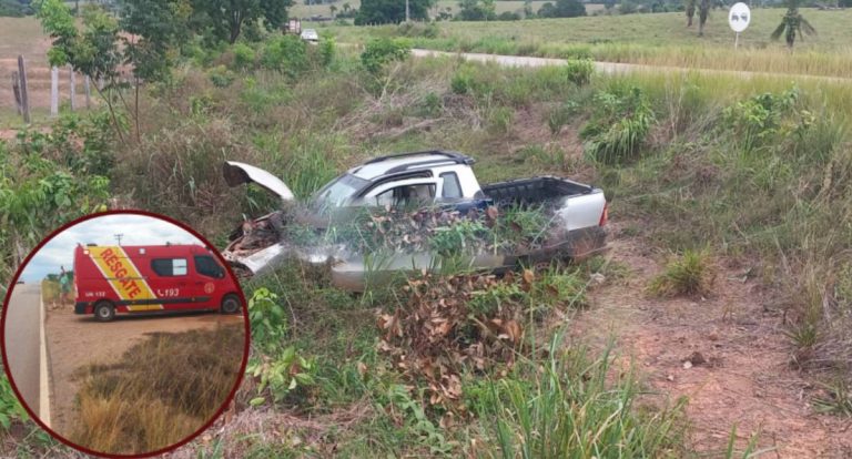 Picape colide em barranco na RO-383 entre Santa Luzia e Rolim de Moura