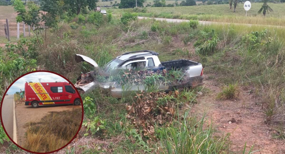 Picape colide em barranco na RO-383 entre Santa Luzia e Rolim de Moura