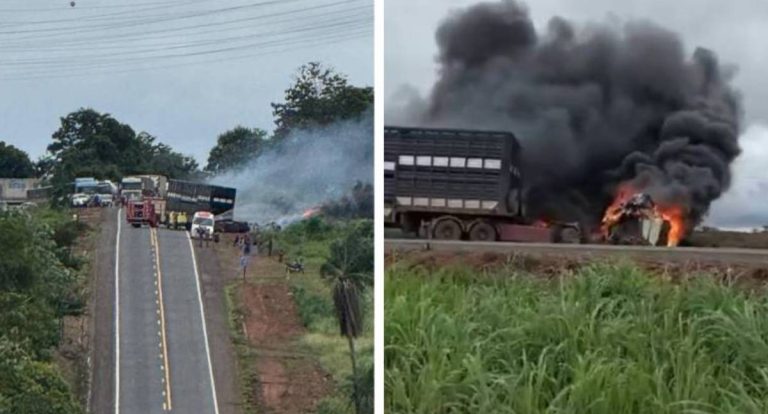 Colisão entre caminhões causa incêndio e bloqueia BR-364 em Rondônia