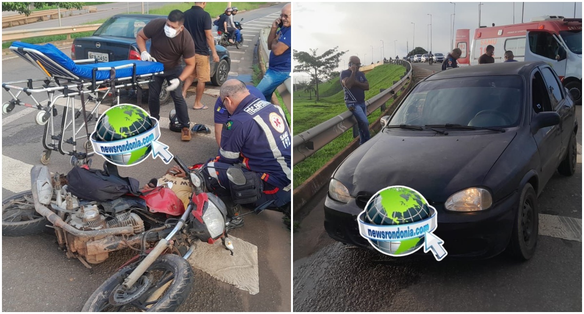 Motociclista inabilitado sobe viaduto na contramão e fica gravemente ferido